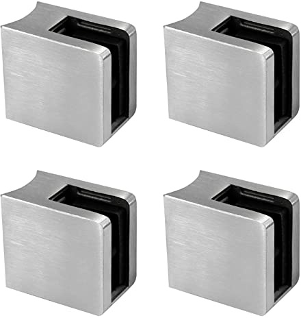 PRIOstahl Glashalter 4 Stück Glasklemmen Klemmhalter Glasplattenhalter mit Sicherungsplatte + Sicherungsstift 45 x 45 x 28 mm Anschluss: 42,4 mm für Glas 12,76 mm aus Edelstahl V2A