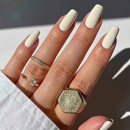 Ceboic 24Pcs Court Carré Faux Ongles Français Press on Nails Blanc Glossy Pleine Couverture Acrylique Ballerine Ongles à Coller pour Femmes et Filles Nail Art