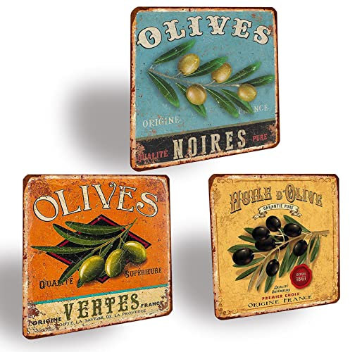 XIAOMA Lot de 3 Plaque Metal Vintage Olives Panneaux en Étain – Cadeau pour la Cuisine Restaurant Maison Ferme Jardin,Retro Affiche Pancarte Murale Décoration 30,5x30,5cm
