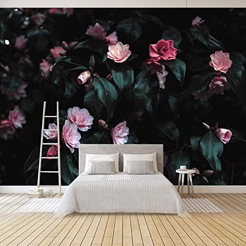 GIVLWF European Style Retro Pink Rose Flower Photo Wallpaper Mural, Black Background Wall Mural, Murals Wall Art for Office Study Room Home Decoration 450 x 315 cm