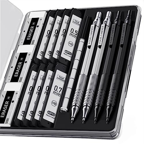 Four Candies 4 Stück Metall-Druckbleistift-Set mit Etui, 0,5 mm und 0,7 mm 8 Tuben (480 Stück) HB-Minenmine, 3 Radiergummis, 9 Radiergummi-Nachfüllungen zum, Zeichnen, Zeichnen, Schwarz und Silbe