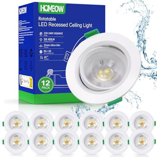 HOMEOW 12er Set Led Einbaustrahler 230V 5W, 30°-60° Schwenkbar Led Spots, 450LM 6000K Kaltweiß Deckenspots LED Flach, 21mm Ultra Flach, Spots Deckenleuchte 70-80mm Lochmaß, IP44 Wasserdichter