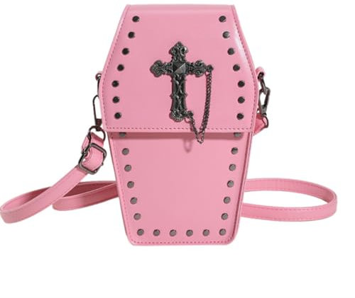 Ftchangfang Gothic Geldbörse Sarg Form Crossbody Bag Mini Punk Kleine Tasche, Kreuz-Rosa, 8.5*5*2inch