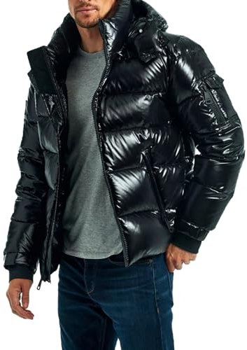 Herren-Kapuzenpullover, glänzend, metallisch, Reißverschluss, Daunenjacke, Winter, warm, Steppjacke, Schwarz , L