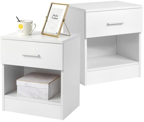 LEADZM Table de Chevet Lot de 2 avec Tiroir, Table d'appoint, Meuble de Nuit, Commode de Nuit,Blanc 39 x 29 x 41 cm (2)