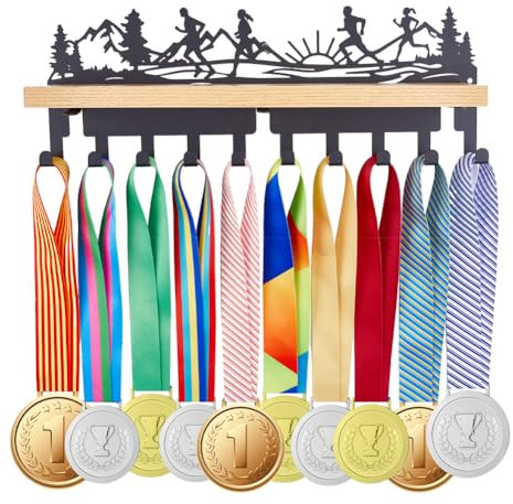 SUPERDANT Espositore per Medaglie Forest Running Porta Medaglie Trofei e Espositore Porta Medaglie con 10 Gancio Espositore per Medaglie da Corsa con Ripiano in Legno Regalo per Atleta