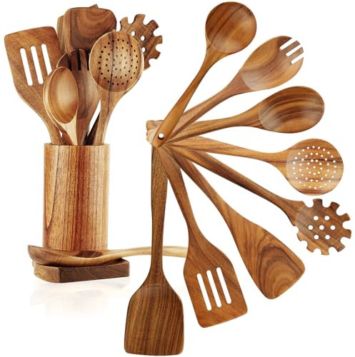 FJNATINH Lot de 10 cuillères en bois de teck avec support, ustensiles de cuisine antiadhésifs pour poêles et ustensiles de cuisine