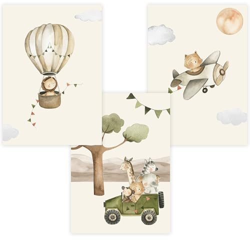 Kinderzimmer Poster Set Premium P722 / Boho Safaritiere Wandbild Babyzimmer (A3 - Ohne/Without Rahmen/Frame)