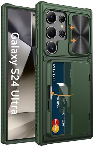 Vihibii für Samsung Galaxy S24 Ultra Handyhülle mit Kartenhalter & Kameraschutz & Kickstand, TPU Militärschutz Stoßfeste Schutzhülle rutschfest Wallet Case für Samsung Galaxy S24 Ultra, Dunkelgrün