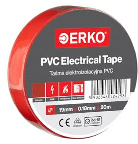 ERKO Cinta aislante Rojo PVC 19mm x 20m Reparación de conductos eléctricos, Alta flexibilidad con fuerte adhesión, Resistente a productos químicos, Cloruro de Polivinilo