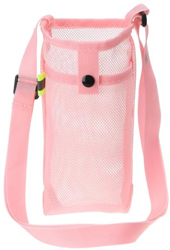 PATIKIL 22mmx13mm Water Bottle Bag, Mesh Portable Bottle Holder Carrier Adjustable Shoulder Strap for Sports Hiking Camping, Pink