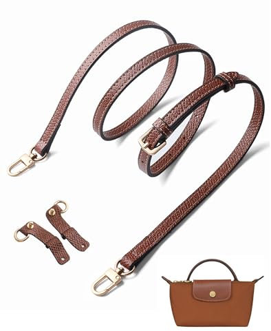 Umiup Schultergurt für Longchamp Leder Geldbörsenriemen für Umrüstsatz, Schulterriemen aus Leder für Minitaschen, Original Mini Tasche Pouch Bag Strap, Verstellbarer Ersatz Umhängegurt (Brown+Gold A)