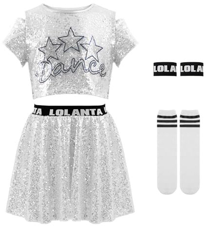 LOLANTA Tanzoutfits mit Pailletten für Mädchen, glitzernde Jazz Hip Hop Tanzkleidung, bauchfreie Oberteile mit Rock, Silber, 6-7 Jahre, 130