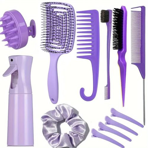 12Pcs Detangling Brush Sets for Women, Professional Hairdressing Salon Styling Combs for Curly Hair With Spray Bottle and Clips (02 Purple)