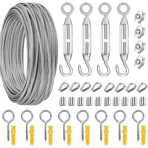 Cnwinu 30M 3mm Drahtseil Kit,Stahlseil mit ösen, 304 Edelstahl mit PVC-ummantelt, Spanndraht Seilspanner Set für Wäscheleine, Rankhilfe Pflanzen, Zäune, String Light Suspension