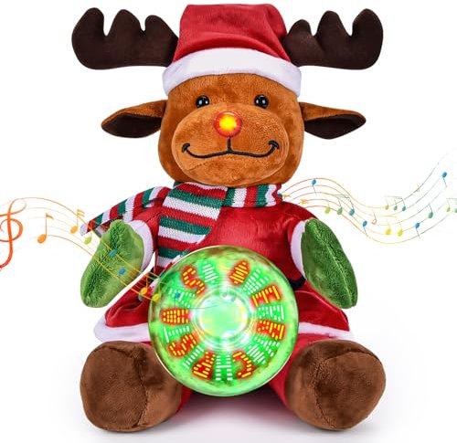 Joellfuner Weihnachtsfigur Elch, Weihnachten Elch Plüsch Kuscheltiere mit Schneekugel Weihnachten Dekoration Musik LED Leuchtender, Geschenk für Kinder Weihnachten Party (Elch - Sitzend)