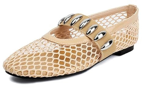 CRETUAO Bailarinas de Malla para Mujer, Bailarinas Mary Jane con Hebilla de Rejilla Transpirable, Zapatos de Vestir Casuales y cómodos y sexys,Apricot,41 EU