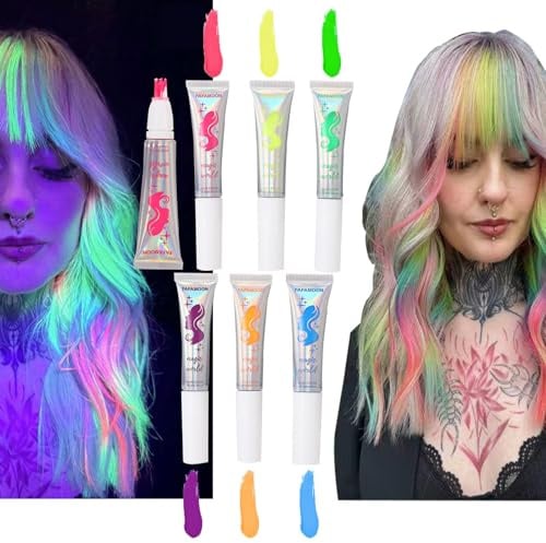 Teinture Capillaire Temporaire, Ensemble de Gel Capillaire UV Néon, Peinture Phosphorescente pour les Cheveux et le Corps, 6 Couleurs Vives Non Toxiques pour le Costume d’Halloween