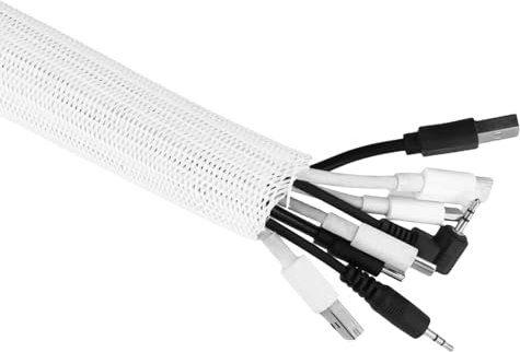 QWORK® Guaina per Cavi Elettrici 2 m, 25-39 mm Copri Cavi Elettrici Intrecciato Auto-rotolante, Guaina Cavi Bianco, per Scrivania, TV, Computer