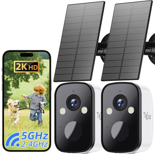 TIEJUS Überwachungskamera Aussen Akku Solar 5G/2.4GHz WLAN Kamera Outdoor Kabellose,2K Kamera Überwachung Aussen/Farbe Nachtsicht/Bewegungssensor/Cloud Storage/IP66,2er-Pack