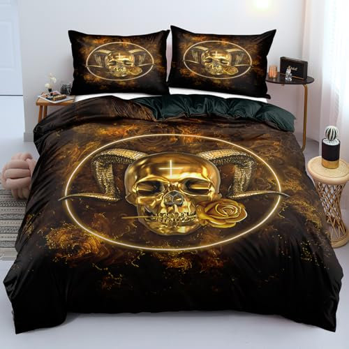 DXHOME Totenkopf Bettwäsche 135x200 Gothic Schwarz Gold Skull Motiv 3D Effekt Rosen Wendebettwäsche Weiche Mikrofaser Atmungsaktiv Bettbezug mit Reißverschluss + 1 Kissenbezug 80x80 cm