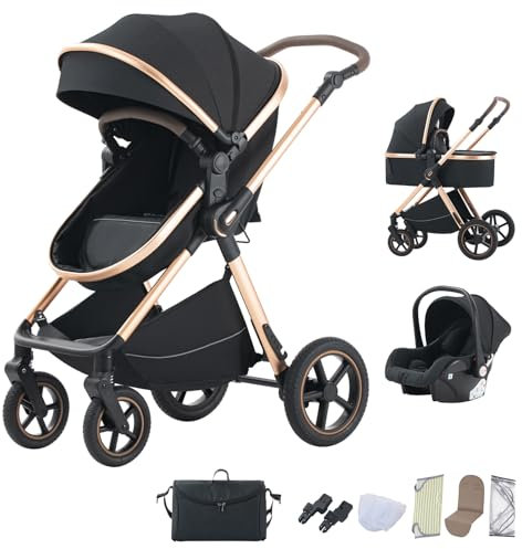 BEBBY passeggino trio, combinazione passeggino 3 in 1 passeggino cittadino con passeggino passeggino portatile con neonato passeggino pieghevole di lusso con passeggino ad alta vista (D2-BLACK)