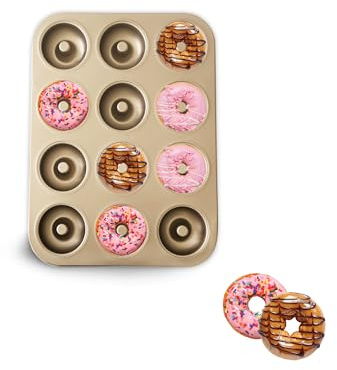Gurlideo Donut Mould 12-Cavity Cupcake Tins Non Stick Carbon Steel Baking Tray for Doughnut Muffin Cupcake, Gold (One Style)