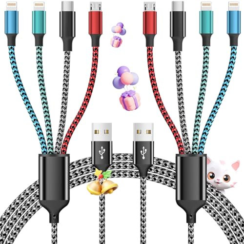 Multi Charging Cable,4 in 1 Charging Cables for Multiple Devices Nylon Braided Universal Charger Phone Charger Cord with 2 IP/USB-C/Micro USB Port for Cellphone/Tablets/More(2Pack 5FT)