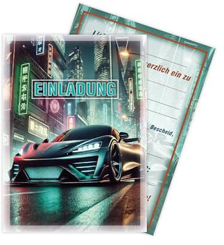 Limonia 12x Einladungskarten zum Kindergeburtstag Auto Rennauto - Geburtstagseinladung Unisex Coole Autos & Rennwagen Motive, Einladung für Autofans - Urban Speedster
