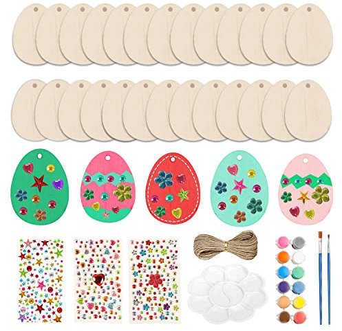 Yi'antai 65 Ostern Eier Holzscheiben, Ostern Basteln Holz, Ostern Anhänger Holzschild, Holz Ostereier zum Bemalen Set, Unvollendete Bastelset Kinder Ostern mit Selbstklebend Basteleier (65 Stück)