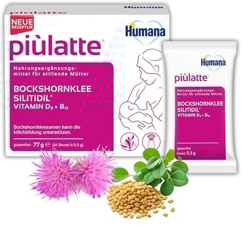 Humana piùlatte Stillpulver zur Milchsteigerung; Mit Bockshornklee, Vitamin B12 und D3; 14 Sachets (77 g); Basierend auf pflanzlichen Inhaltsstoffen; Hebammenempfohlen