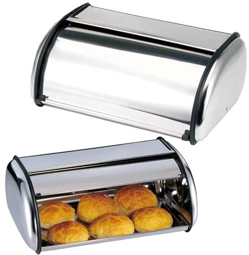 Almineez Stainless Steel Bread Bin Storage Box Container with Roll Top Lid for Kitchen Countertop Cake Loaf Bread Cheesecake Pastry Holder