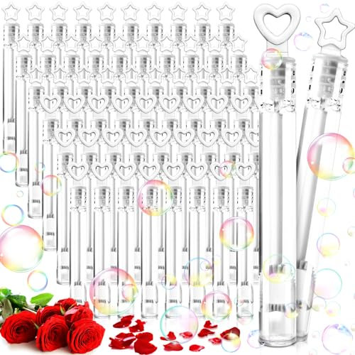 TEWWCEO 60x Seifenblasen Hochzeit Set in weiß - mit Herz-/Sternförmigen Griffen, Mini Seifenblasen Set, Seifenblasen für Hochzeit Party Verlobung Geburtstag Valentinstag