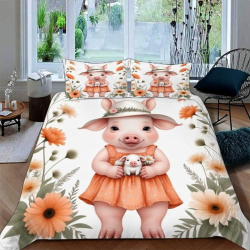 Zbeiba Bettwäsche 135x200,Bettbezug Set 3 Teilige mit 2 Kissenbezug,Baby Schwein Muster（135x200+2 * 80x80,#3）