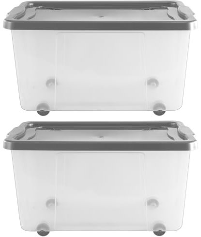 Muddy Hands Pack of 2-30 Litre Clear Plastic Storage Boxes with Lids & Wheels Stackable Containers - Length: 50cm - Width: 32cm - Height: 25cm