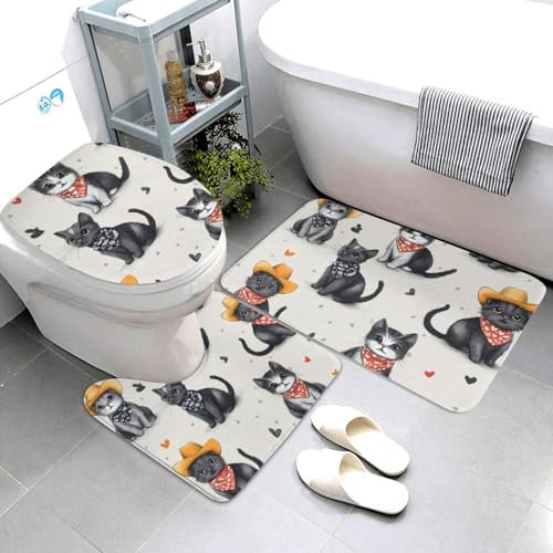 3-teiliges Badematten-Set mit Katzenmotiv, rutschfeste Badezimmermatten, Kontur-WC-Abdeckung, Teppich für Badewanne, Dusche, Raumdekoration