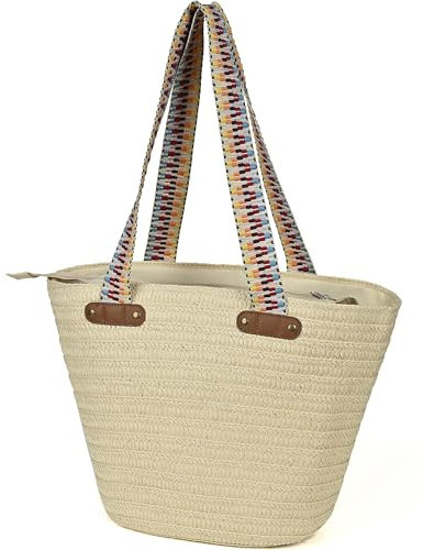 KESUDE Strohtaschen Damen Strandtasche mit reißverschluss Groß Stroh Gewebte Sommer Taschen Korbtaschen Damen Beachbag Straw Bag Schultertaschen Shopper Handtasche für Urlaub Reisen Strand Summer