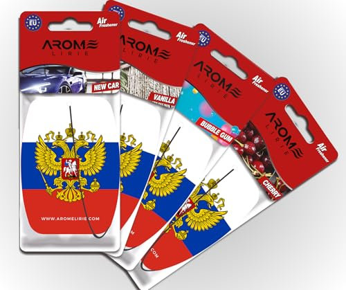 Russland Duftbaum Autoparfüm Flagge Russia Lufterfrischer 4-er Pack in 4 Düften New Car, bubble gum, Vanilla, Cherry