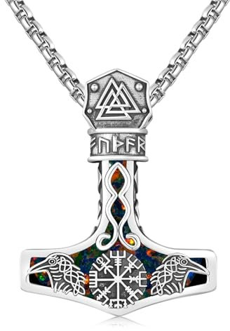 Twoowl Mjölnir Halskette Sterling Silber Schwarzer Opal Wikinger Kompass Anhänger Odin Thor Hammer Kette Herren Rabe Halskette Nordische Runen Vegvisir Amulett Schmuck Geschenke für Frauen Männer