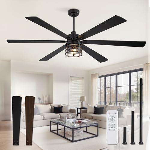 Ceiling Fan 72 Inch with Lights and Remote Control, Large Industrial Ceiling Fan with Reversible DC Motor with 6 Speed Levels and 6 Double Blades