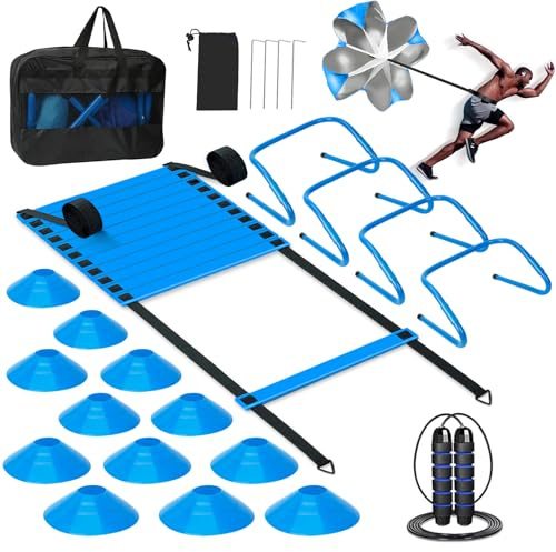 YGORTECH Agility Ladder Speed Training Equipment Set-20ft Agility Ladder,12 Soccer Cones,4 Hurdles, Jump Rope, Running Parachute, Football Soccer Basketball Training Equipment for Kids, Youth, Adults