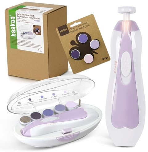 haakaa Baby Nail Trimmer Electric Baby Nail Clippers Kit for Newborn, Toddler or Adults Fingernails and Toenails Care, Baby Nail Care Set & Extra 4 Replacement Pads Combo - Lavender