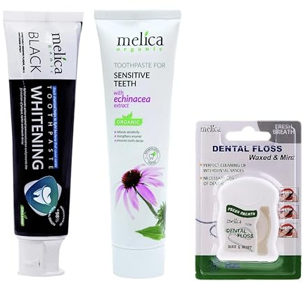 3x MELICA ORGANIC Organic TOOTHPASTE AND FLOS SET 98% NATURAL WHITENING BLACK CHARCOAL TOOTHPASTE WHITE TEETH AND ECHINACEA EXTRACT TOOTHPASTE