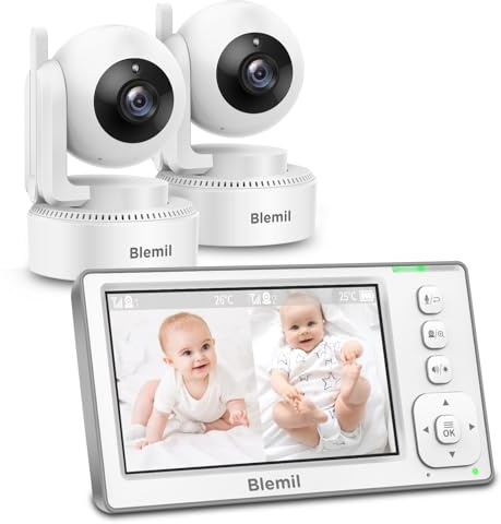 Blemil Upgrade Babyphone mit Kamera, 2 Kameras, 4,3 Zoll IPS, 29 Std | Video-Babyphone ohne WLAN mit Split-Screen, PTZ-Steuerung, 2-Wege-Audio und Schwenk-, Neige- und Zoomfunktion
