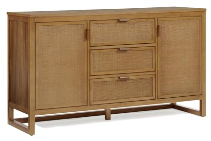 Teamson Home Hatteras 140 cm Wide Sideboard Cabinet, Natural | 3 Drawers, 2 Rattan Inset Doors, Adjustable Shelving, Dining Room Storage