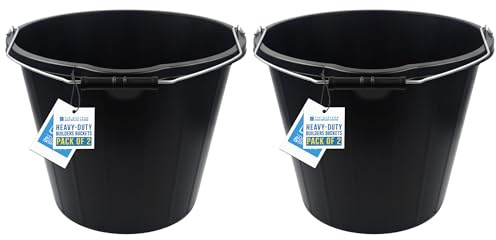 Black Builders Bucket - Sturdy Plastic Buckets with Metal Handles - Black Car Wash Bucket with Spout for Mixing Cement, Cleaning, Car Wash, Gardening, Tools, etc