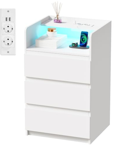 ANWBROAD Nachttisch mit Steckdose,Nachtschrank mit LED-Lichtleiste | 3 Schubladen und 1 Fach,Moderner Nachttische Beistelltisch,Sofatisch für Schlafzimmer,Wohnzimmer (1, Weiß) BNS004W