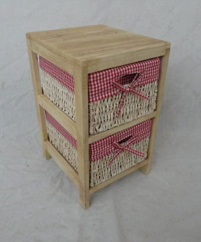 Hansen Korbwaren Holzregal mit 2 Maisstrohkörben mit rot-weiß kariertem Stoff, Regal aus Palowniaholz, Holz, Beige