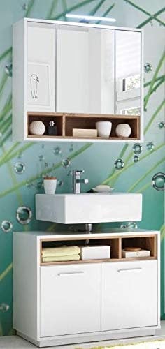 Froschkönig24 Milano Badezimmer 2-TLG. Set Spiegelschrank mit WBU Badmöbel Weiß/Wildeiche