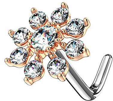 Piercingfaktor Piercing Stab Barbell Nase Nasenpiercing Nasenstecker Tragus Helix Ohr gebogen Blume mit Strass Kristall Rosegold